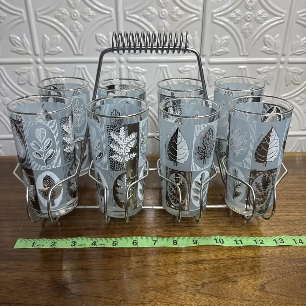 Set of 8 Vintage Libbey Highball Glass Tumblers w/ Metal Caddy Aqua Silver Leaf